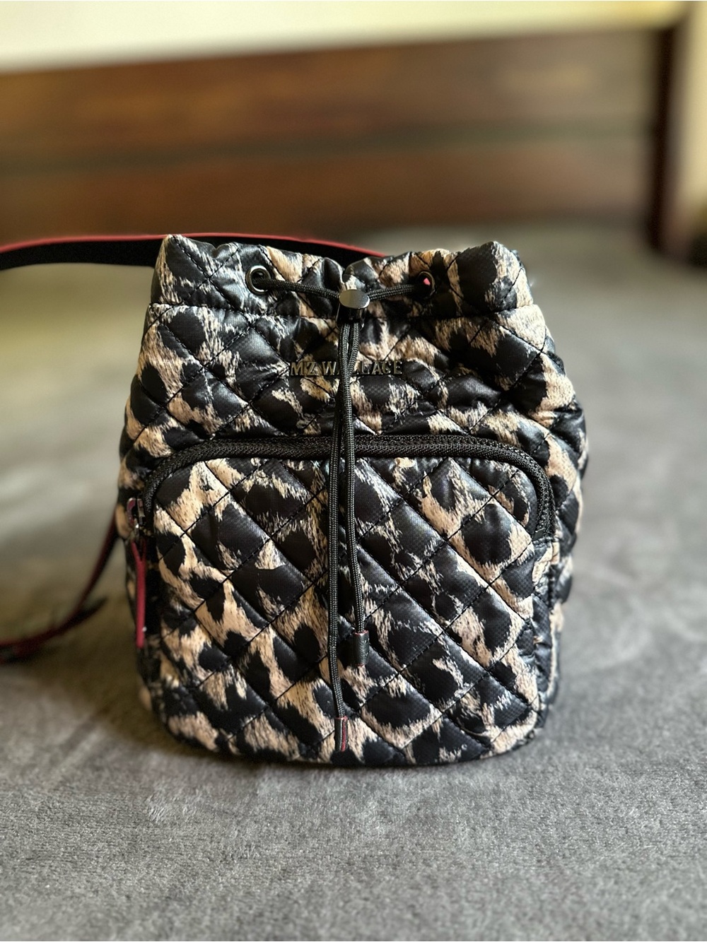 MZ Wallace Crosby Quilted Drawstring Bucket Bag Animal Print w. Dust Bag Leopard